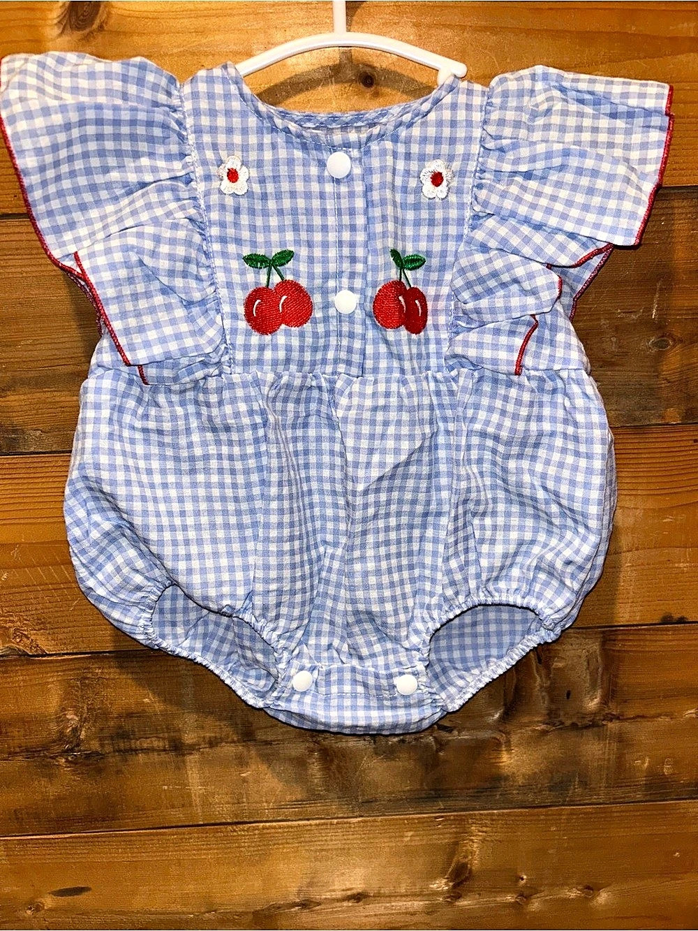 Baby Blue Gingham Cherry Romper 6-9M